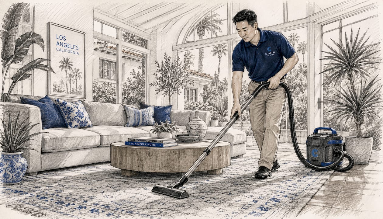 Technician vacuuming living room rug in LA villa