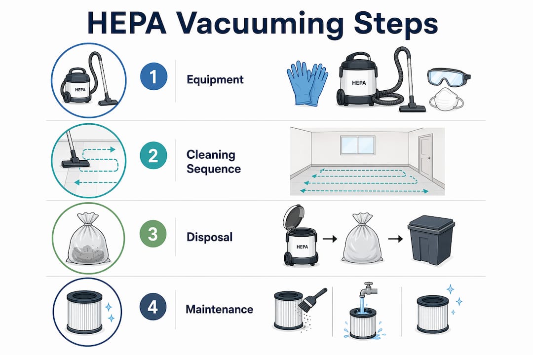 Infographic illustrating professional HEPA vacuuming process steps