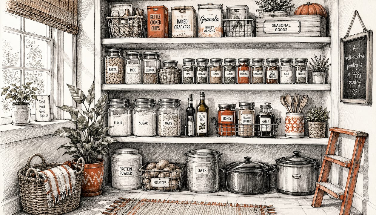 Overhead view of organized kitchen pantry zones