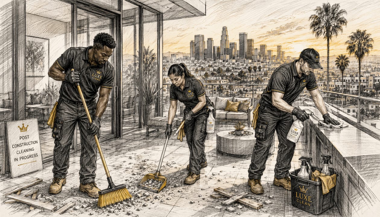 Diverse cleaning crew performing detailed cleanup