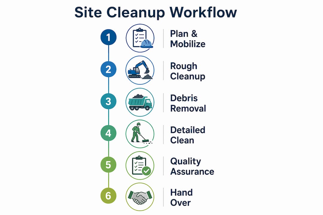 Infographic showing 6-step site cleanup workflow
