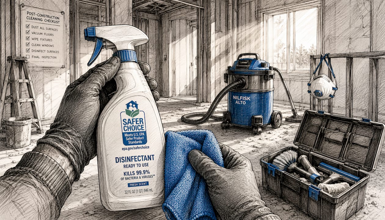 Gloved hands with disinfectant and cleaning cloth