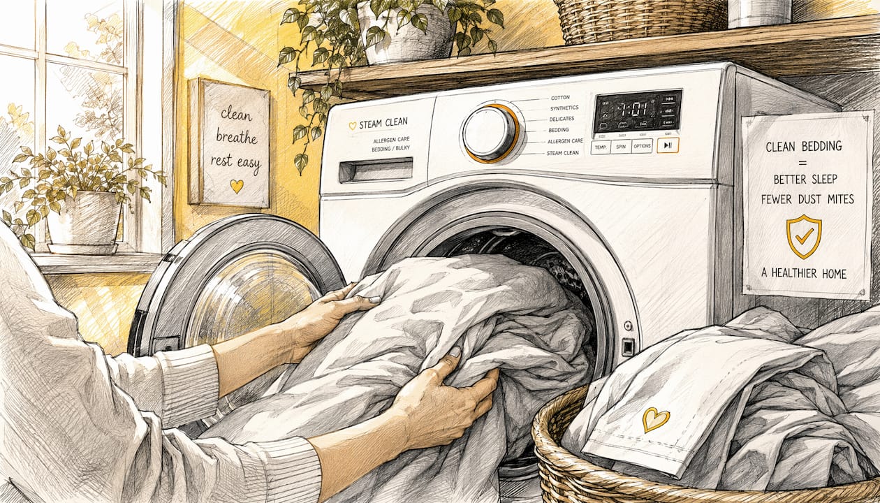 Hands loading bedding into washing machine