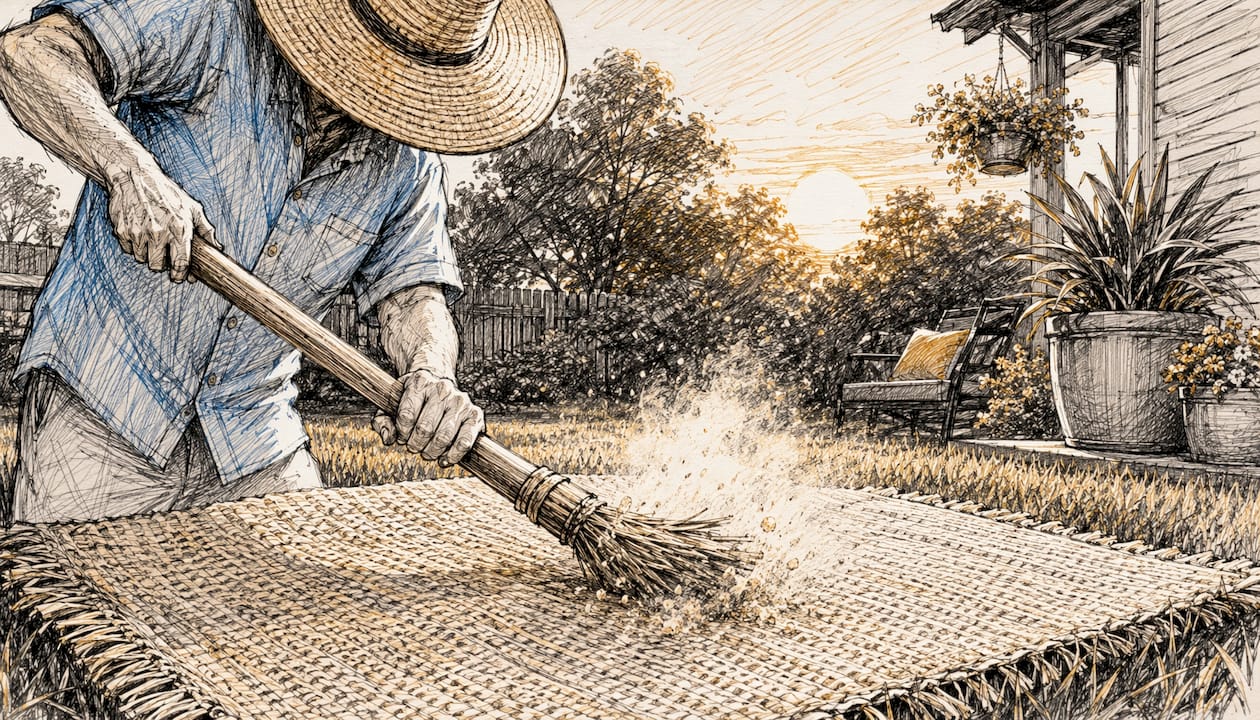 Hands beating sunlit rug outside patio