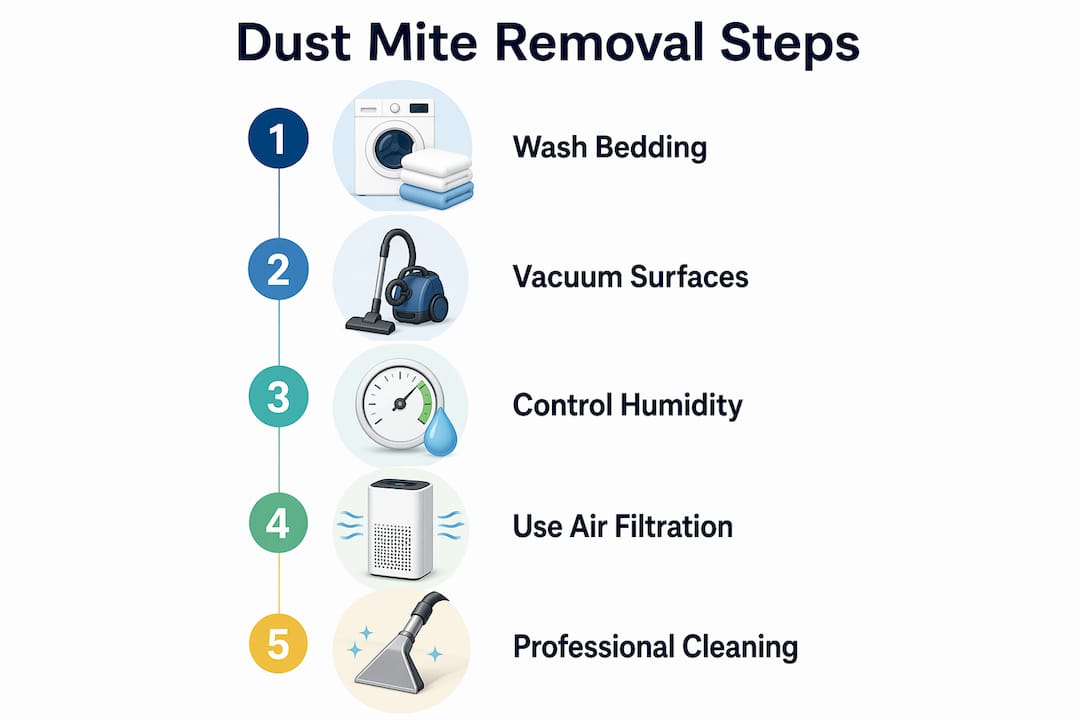 Infographic showing five steps for dust mite removal