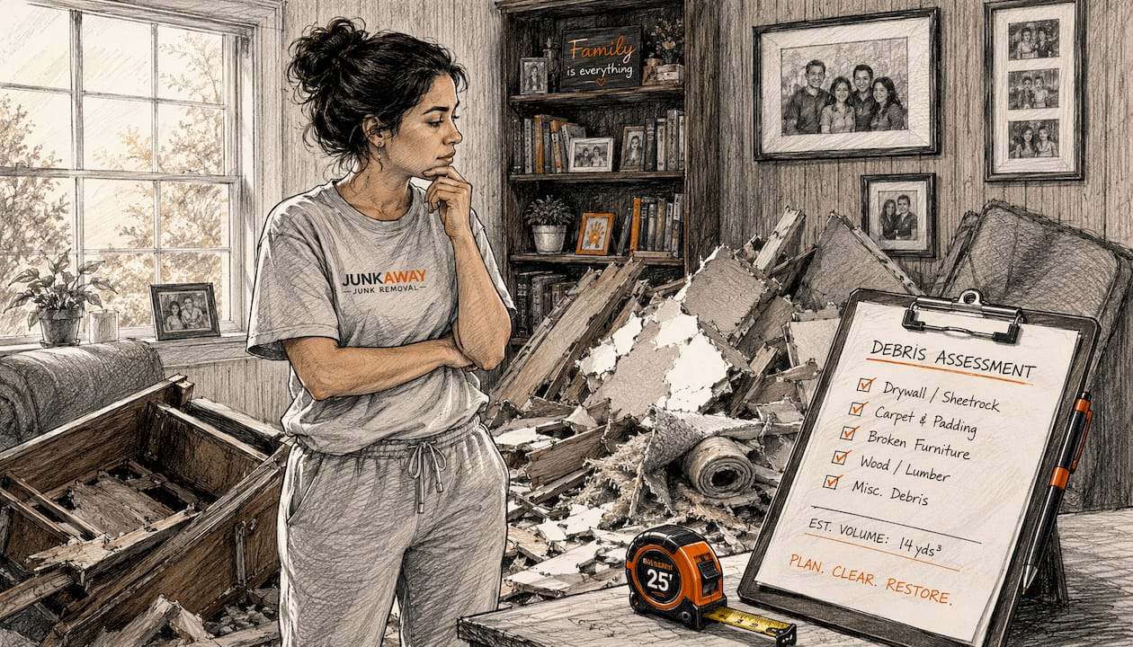 Homeowner measuring debris pile indoors for removal