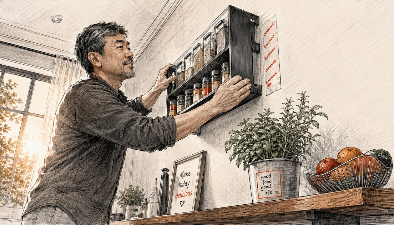 Man installing vertical shelves in apartment kitchen