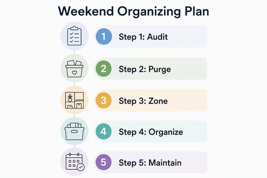 Infographic showing 5-step small space organizing plan