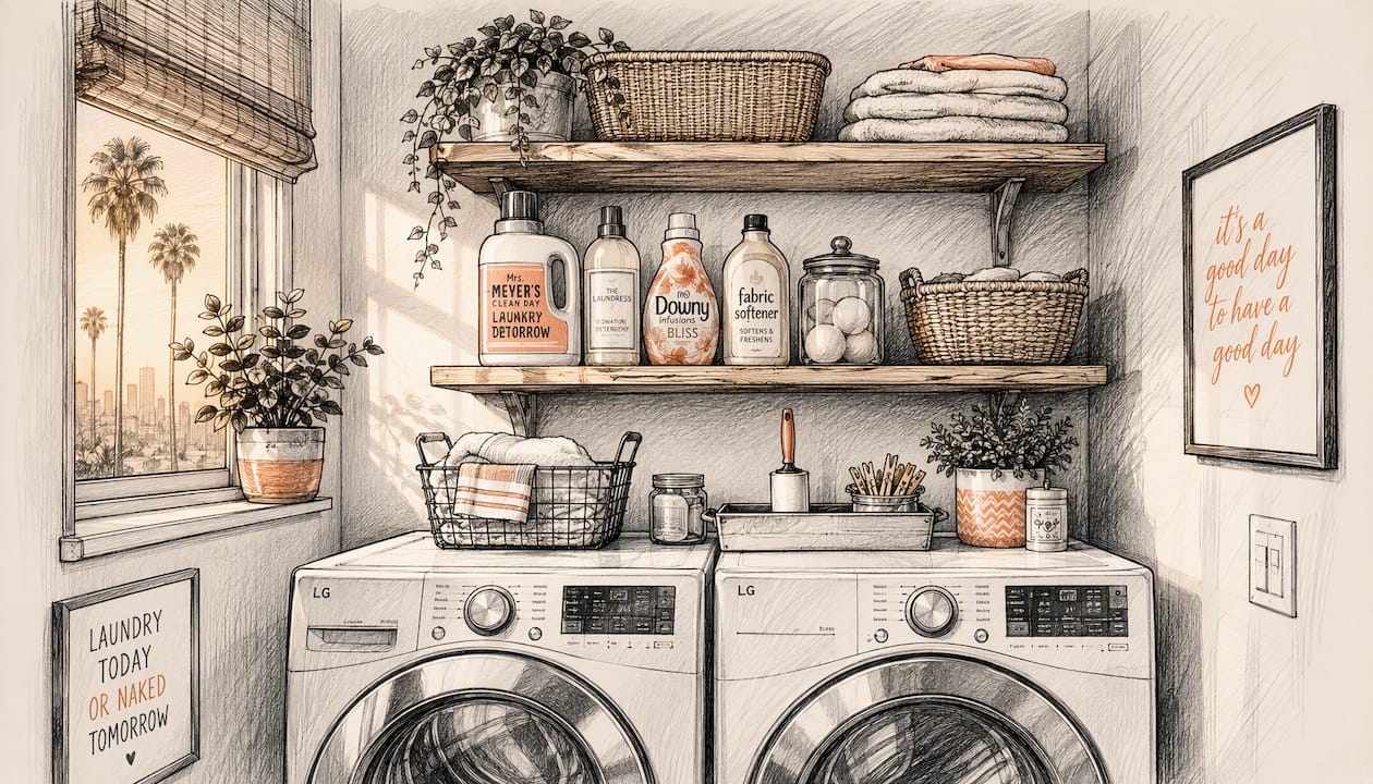 Floating shelves with laundry supplies in LA apartment