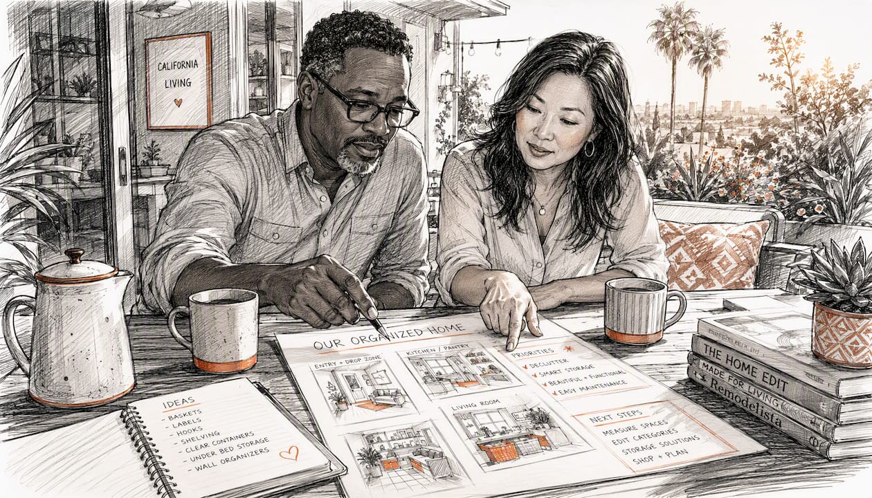 Couple consulting home organizer in kitchen