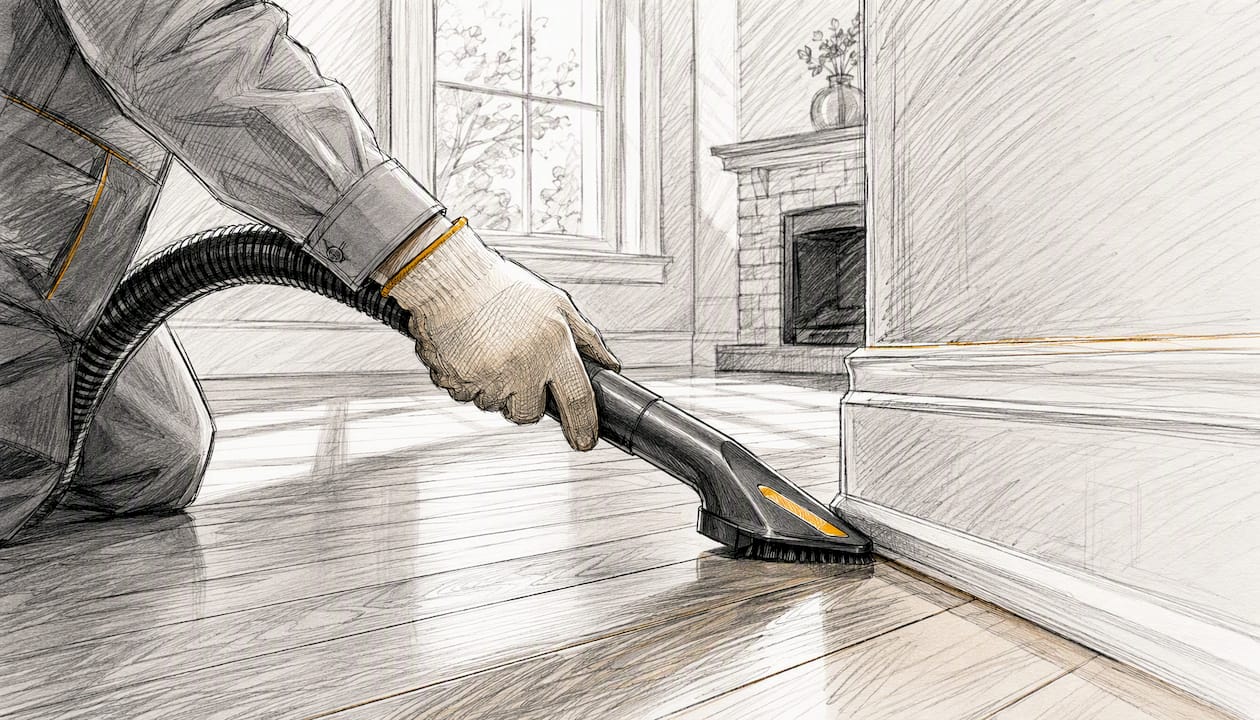 Close-up of vacuum cleaning apartment floor
