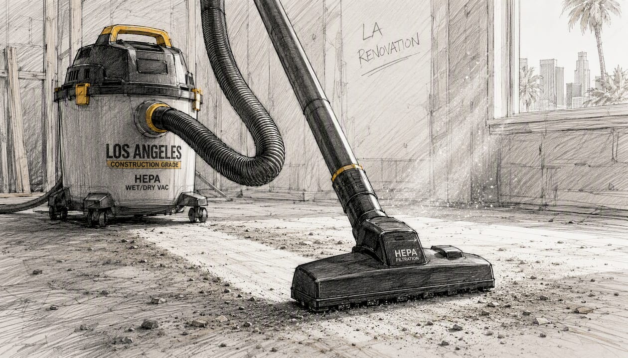 HEPA wet/dry vacuum nozzle on dusty floor