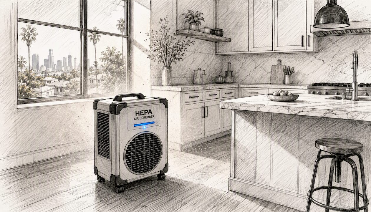 HEPA air scrubber in bright renovation room