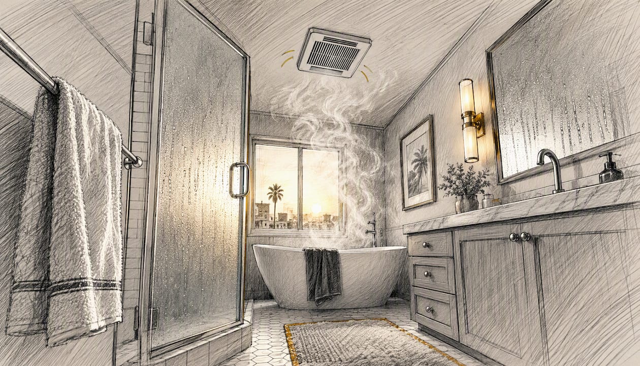 Bathroom with exhaust fan running and steam