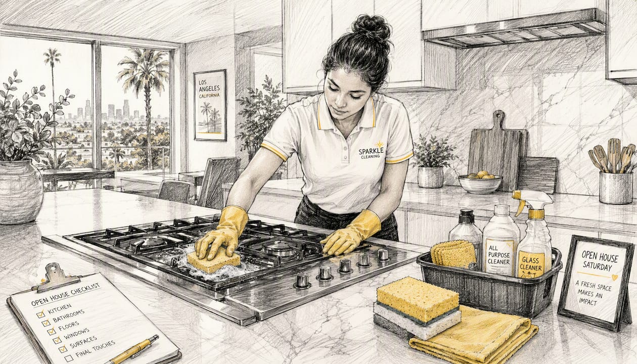 Cleaner scrubbing stove interior before showing