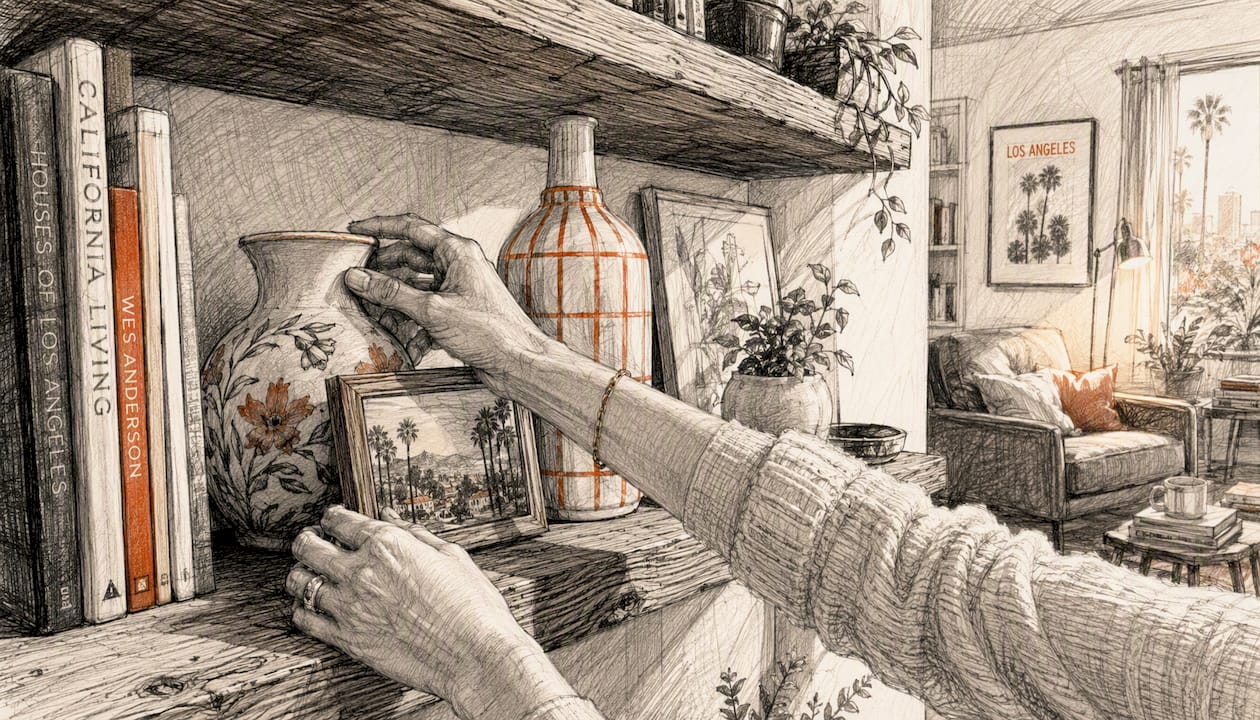 Hands decluttering wooden bedroom shelf