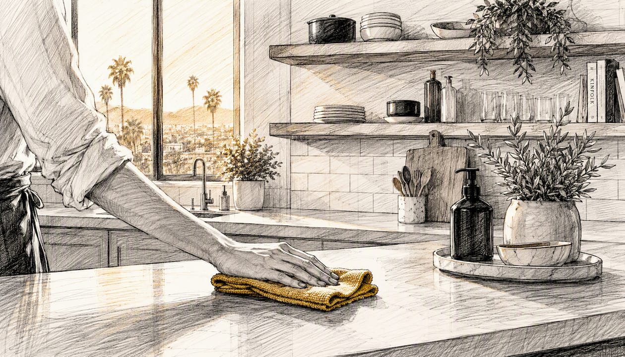 Hand wiping decluttered kitchen counter