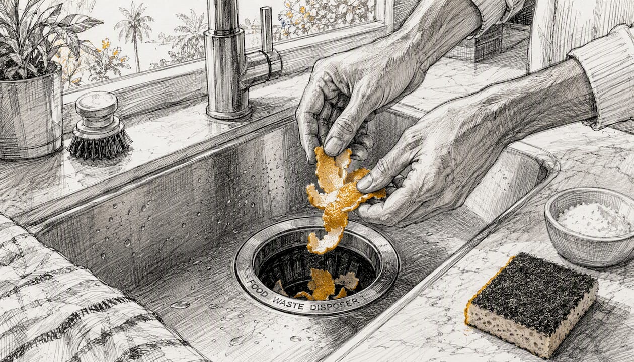 Hands pouring citrus peels into garbage disposal