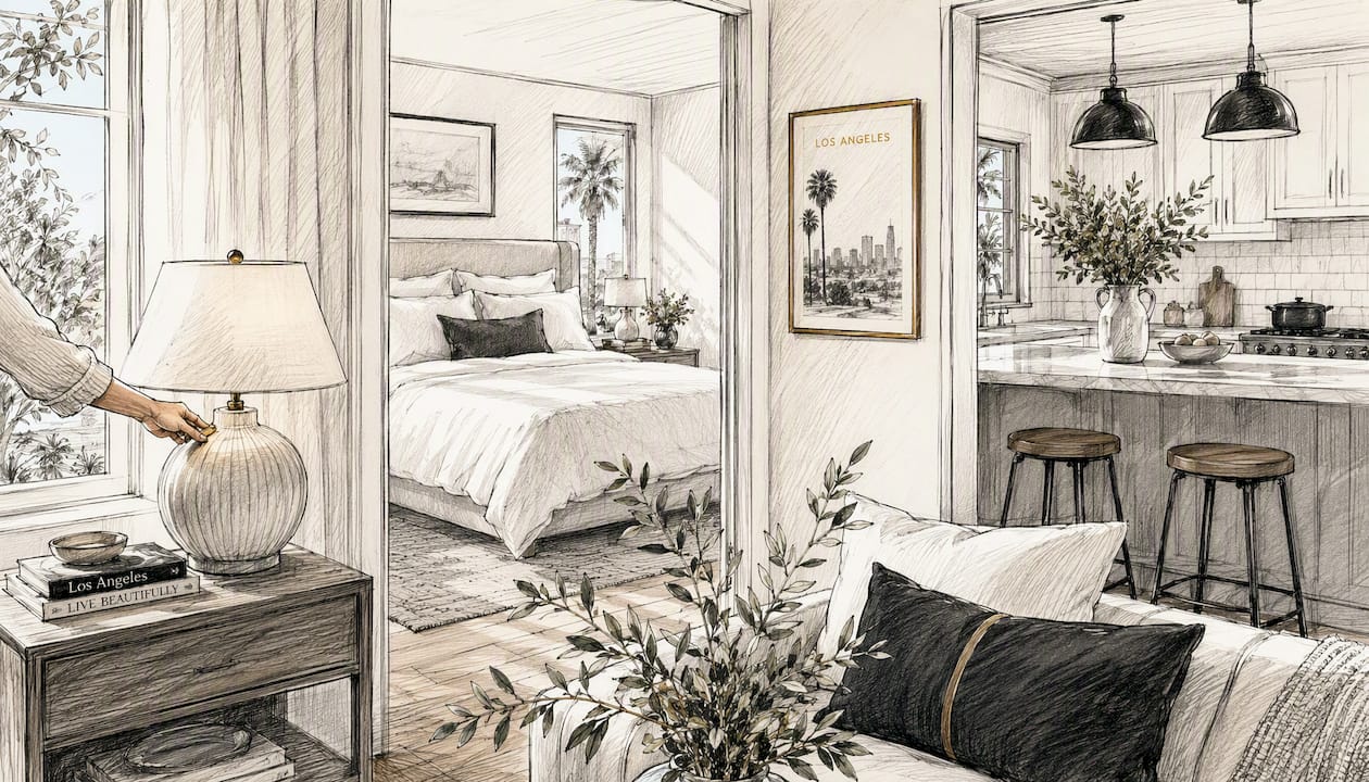 Staged living room, bedroom, and kitchen details