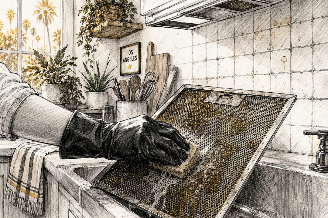 Gloved hand scrubbing greasy stove filter