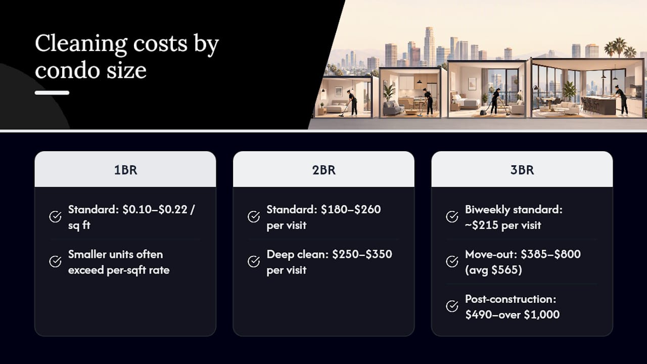 Condo cleaning cost ranges by unit size