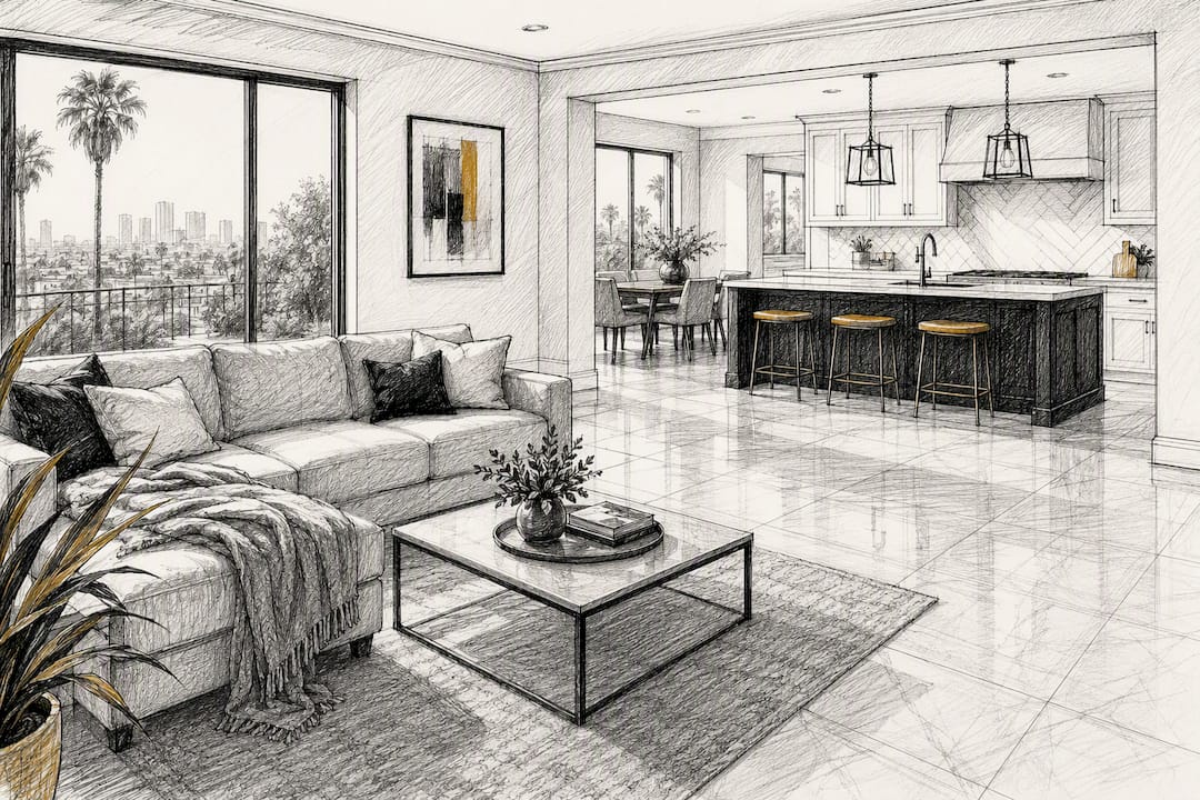 Clean LA home open floorplan interior