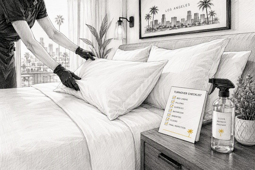 Gloved hands making bed in rental bedroom
