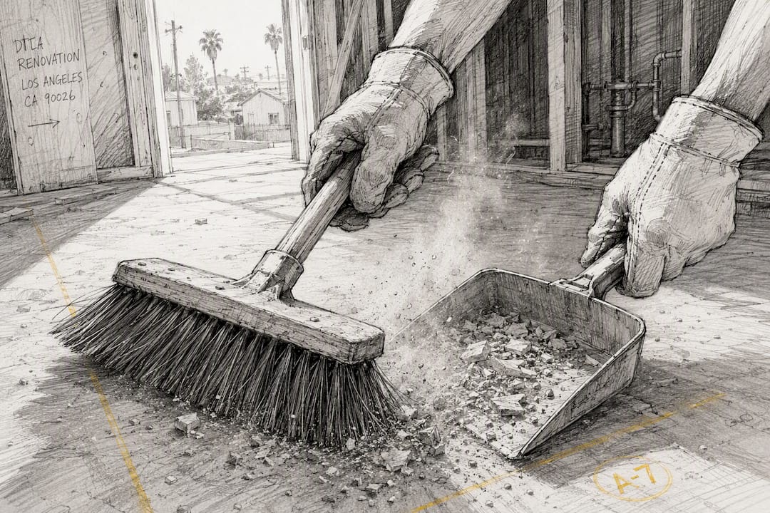 Hands sweeping construction debris during rough cleaning