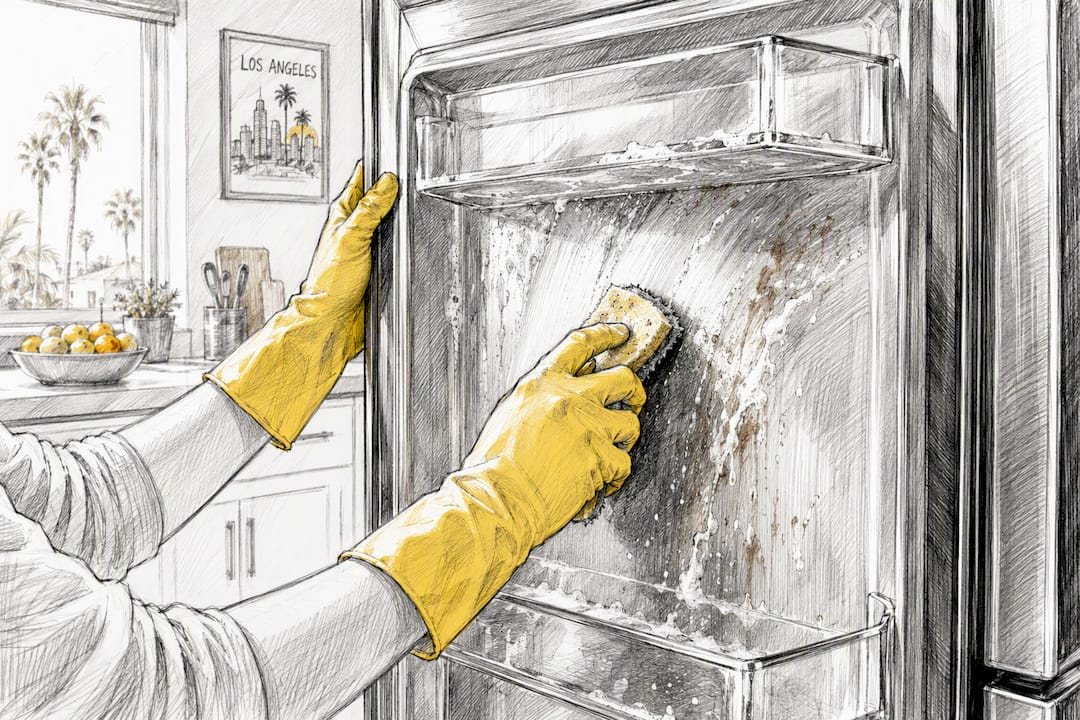 Hands scrubbing oven door in LA kitchen