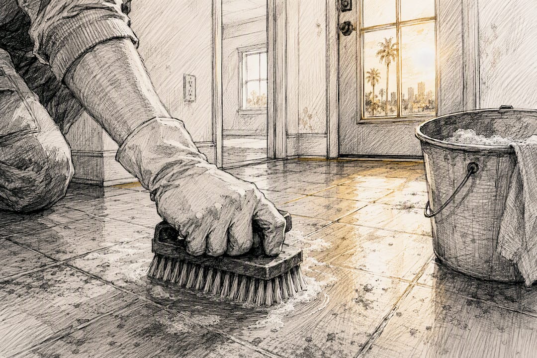 Gloved hand scrubbing apartment floor near door