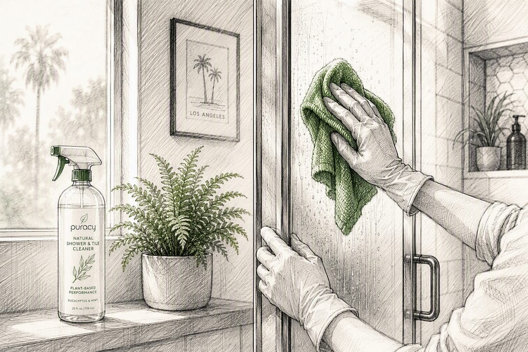 Hands wiping bathroom sink with green cleaner