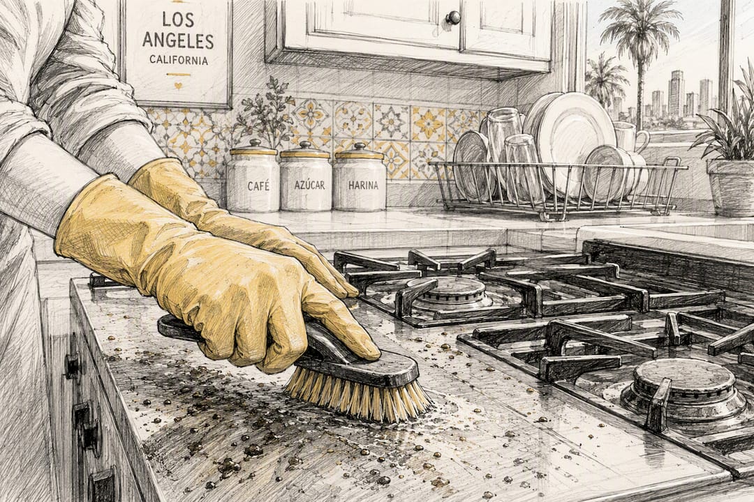 Hands scrubbing greasy stove in LA kitchen