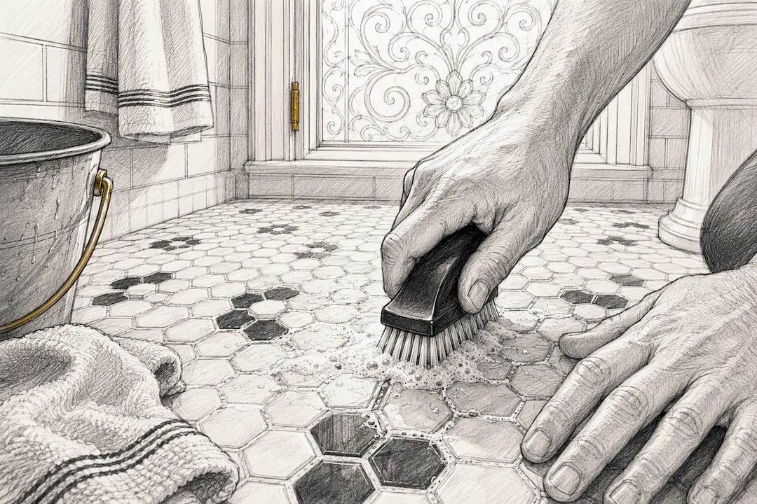 Hands scrubbing bathroom grout lines
