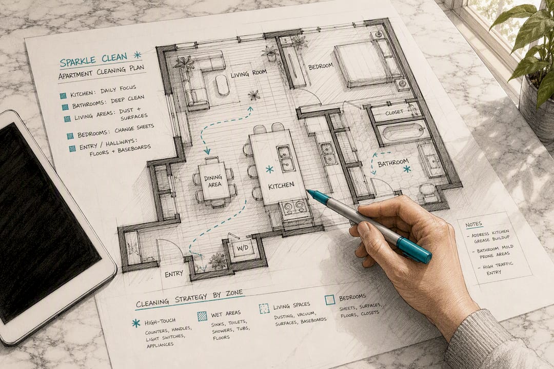 Hand pointing at apartment floor plan