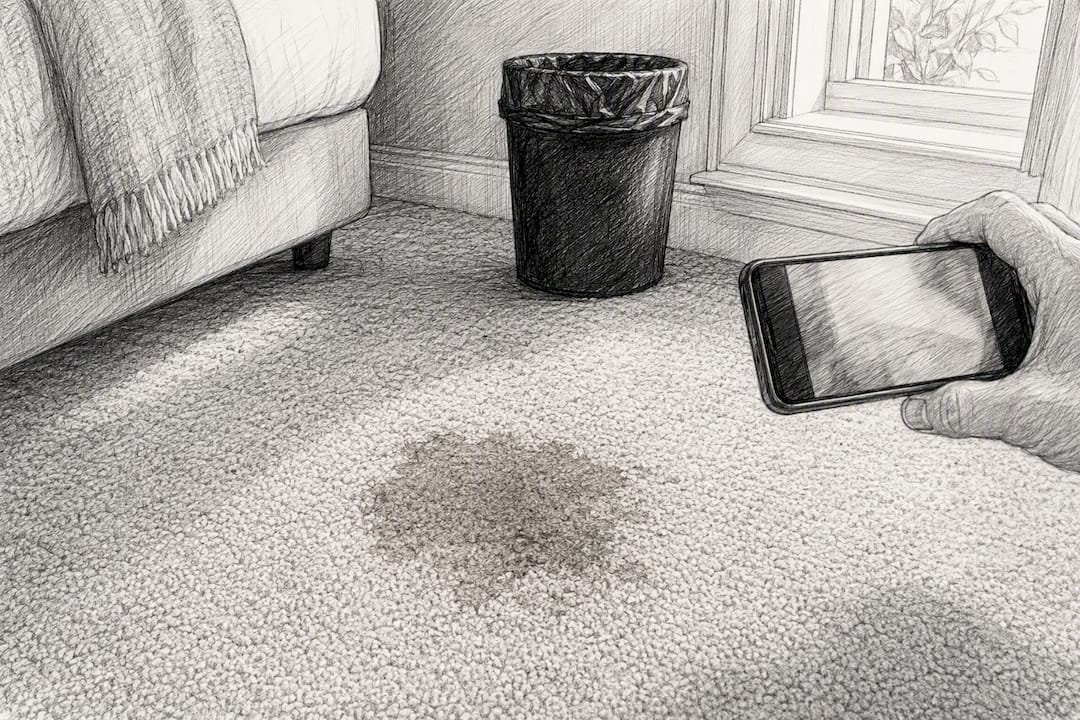Carpet stain documented during rental walkthrough