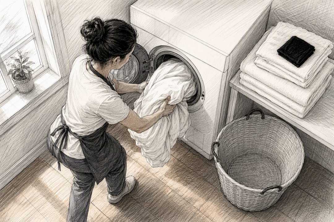 Cleaner loading rental linens for same-day turnover