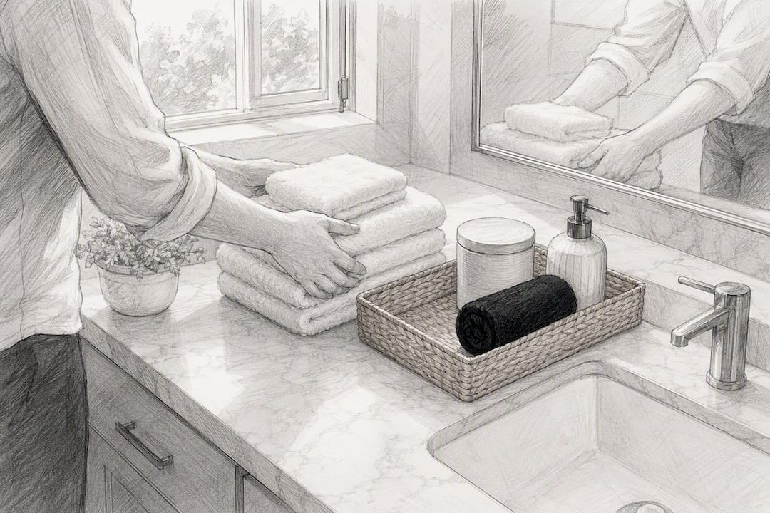 Fresh towels and essentials restocked in rental bathroom