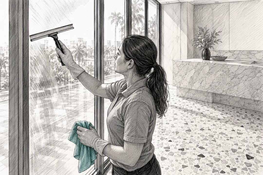 Cleaner working across glass near stone and specialty flooring