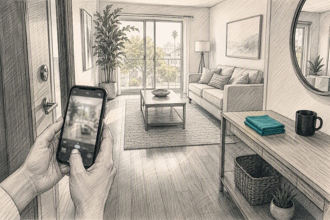 Cleaner photographing finished rental room