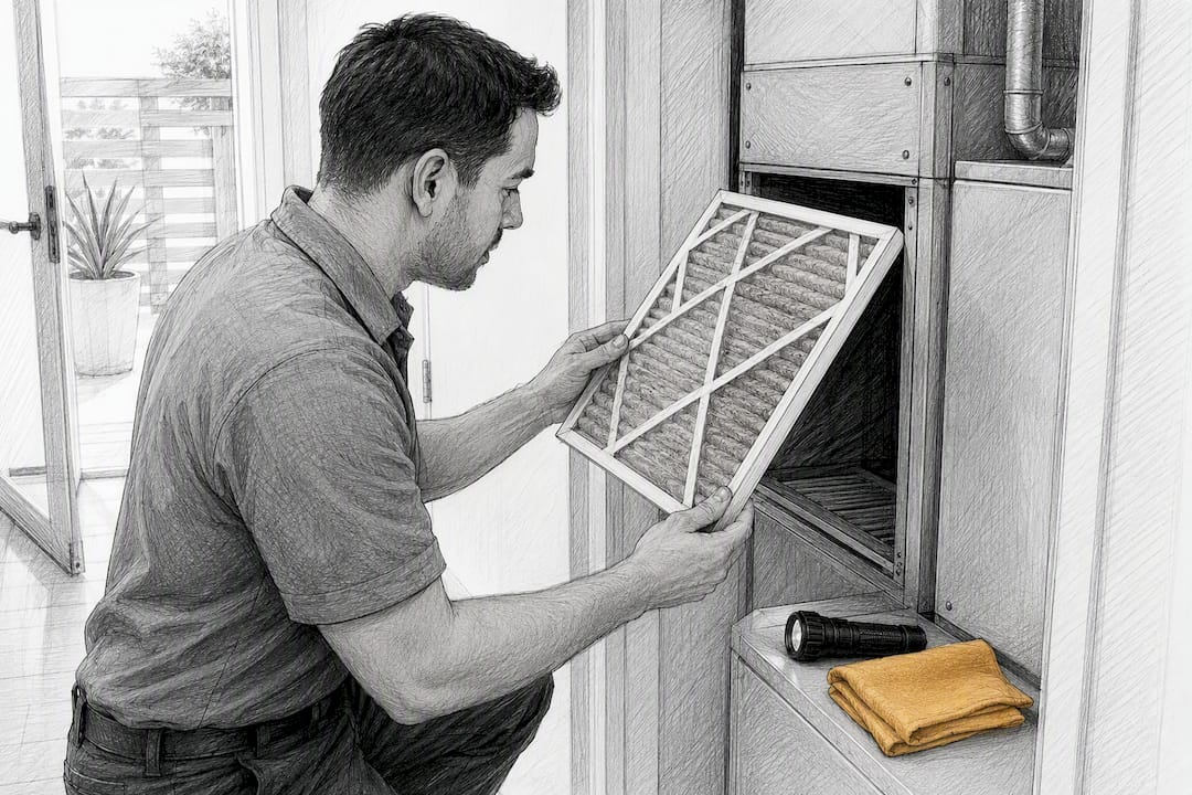 Cleaner inspecting an Airbnb HVAC filter