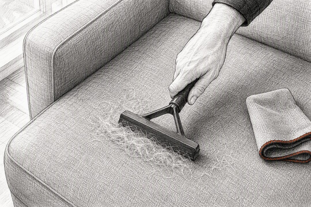 Cleaner raking pet hair from sofa upholstery
