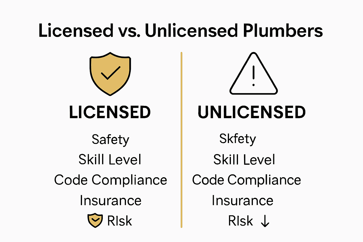 Comparison infographic showing benefits of licensed plumbers versus risks of unlicensed work
