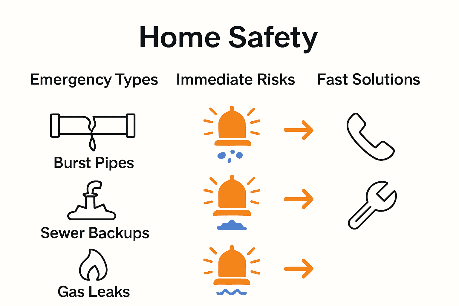 Infographic comparing types of emergency plumbing problems, associated risks, and rapid solutions.