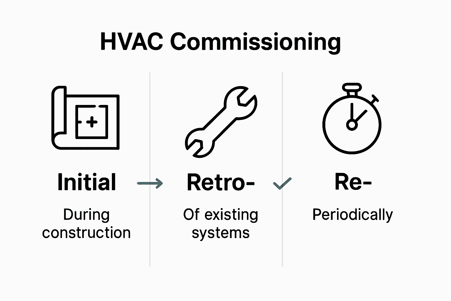 Infographic comparing initial, retro, and re-commissioning HVAC processes