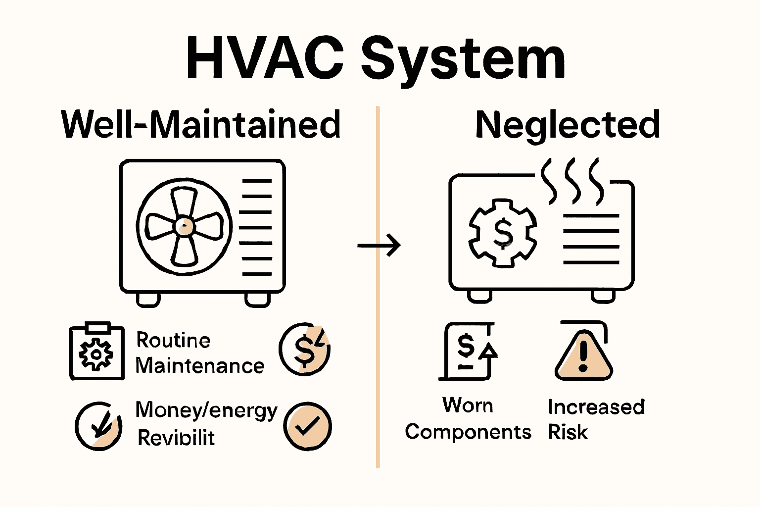 Infographic comparing benefits of maintained vs. neglected HVAC systems