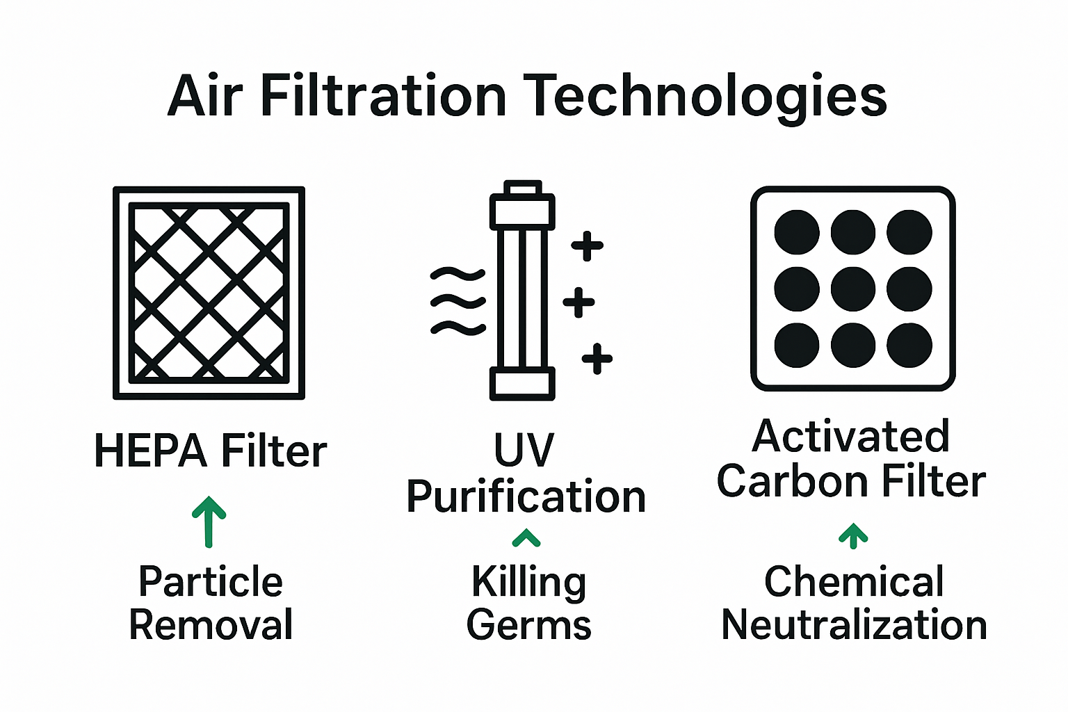 Infographic comparing HEPA, UV, and carbon filters in HVAC systems