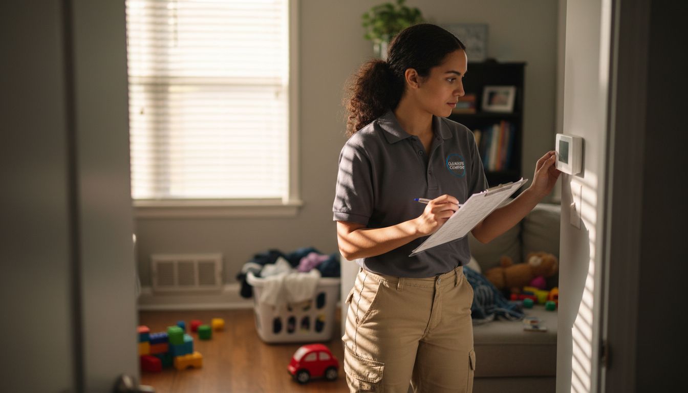 Technician inspecting wall thermostat in home