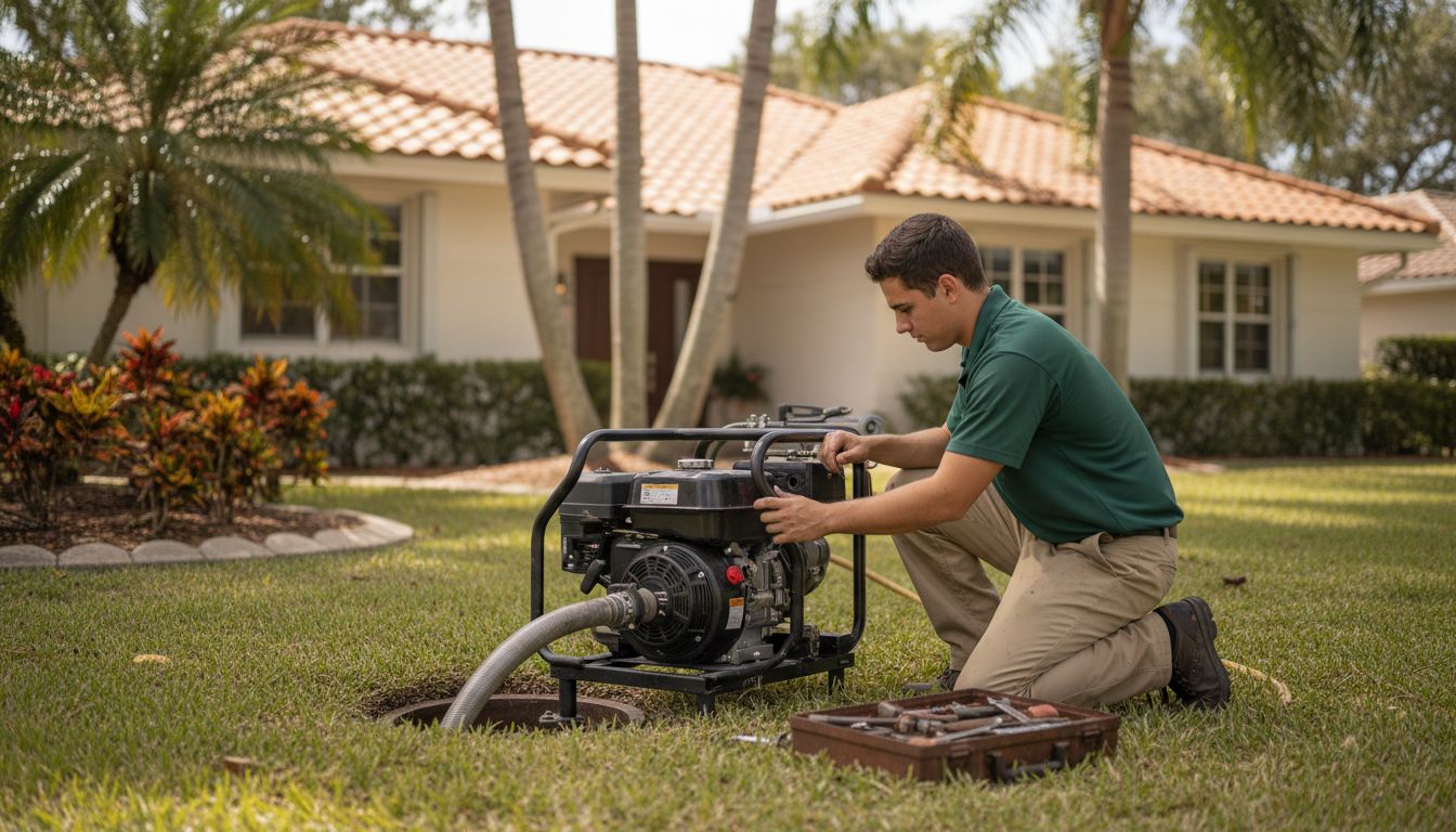 Plumber using hydro-jetting on lawn drain