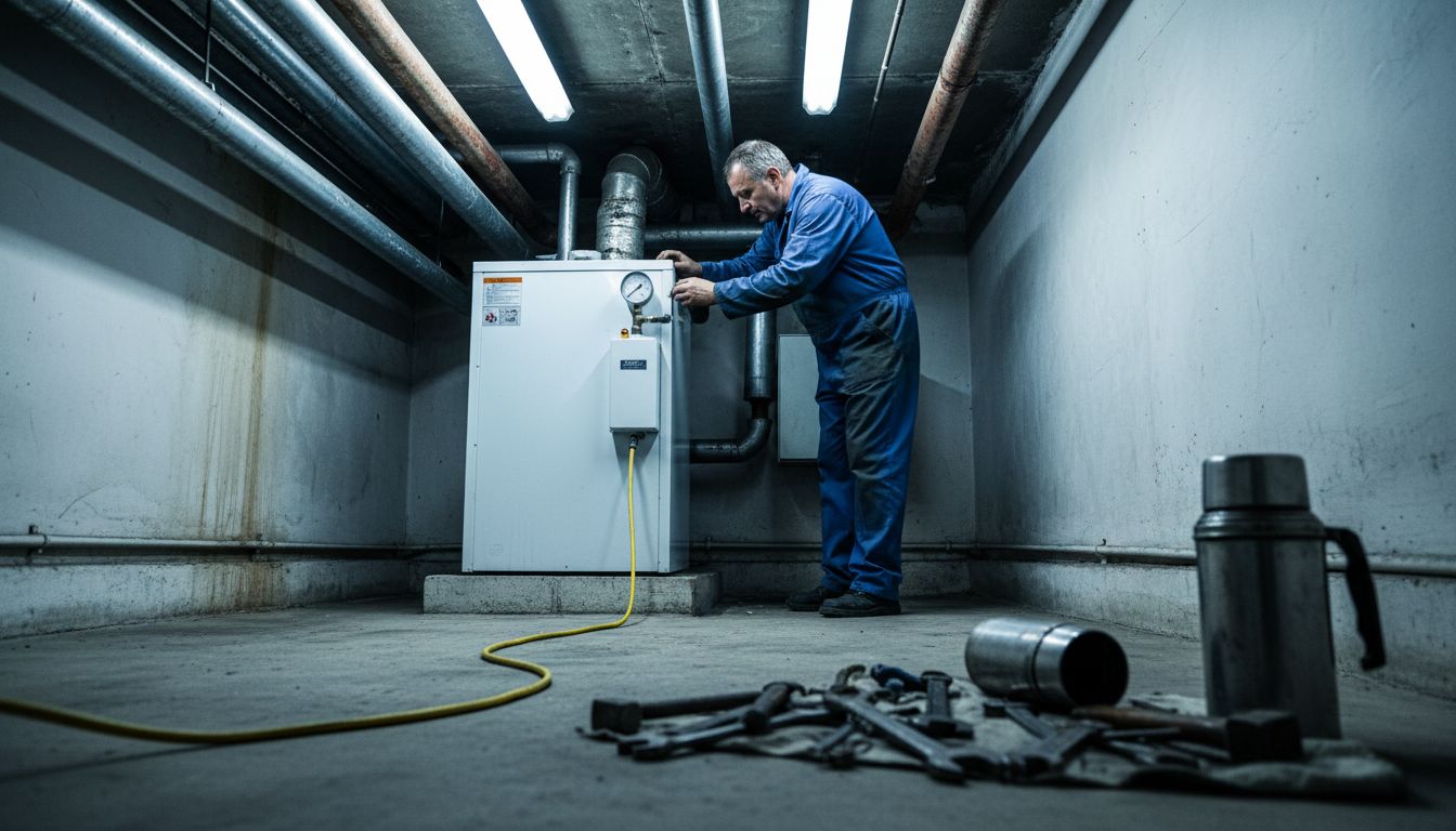 Technician inspecting central heating boiler utility room