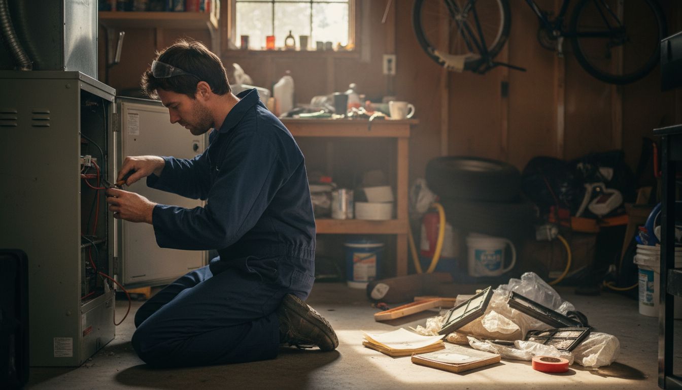 Technician repairing home furnace wiring
